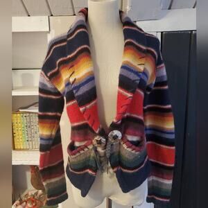 VTG 100% Shetland Wool knit Cardigan Sweater Rainbow stripe Cowboy southwestern